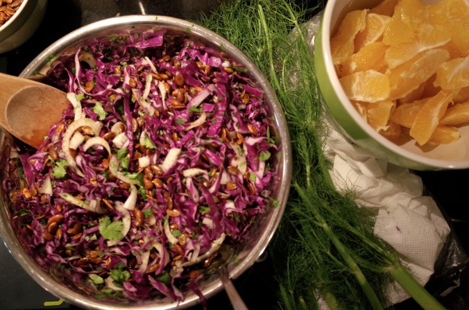 Red cabbage salad with fennel, orange and pepitas (a new recipe for 2014, not from one of my cookbooks). 